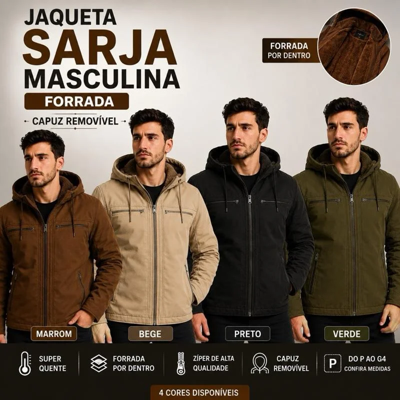 Jaqueta masculina sarja casaco com capuz e bolsos forrados