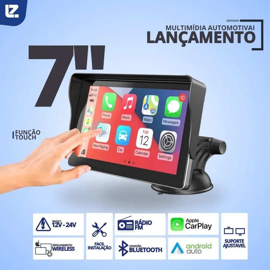 Multimídia Mãos Livres Tela Portátil 7 Pol CarPlay Android Auto Bluetooth
